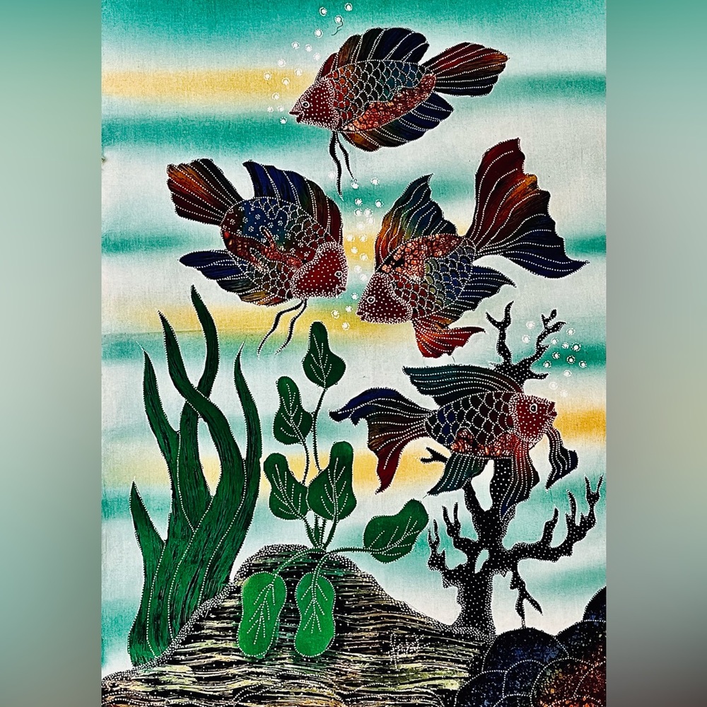 Signed original batik wax resist dye painting 30”X 18.5” tropical fish. Unframed